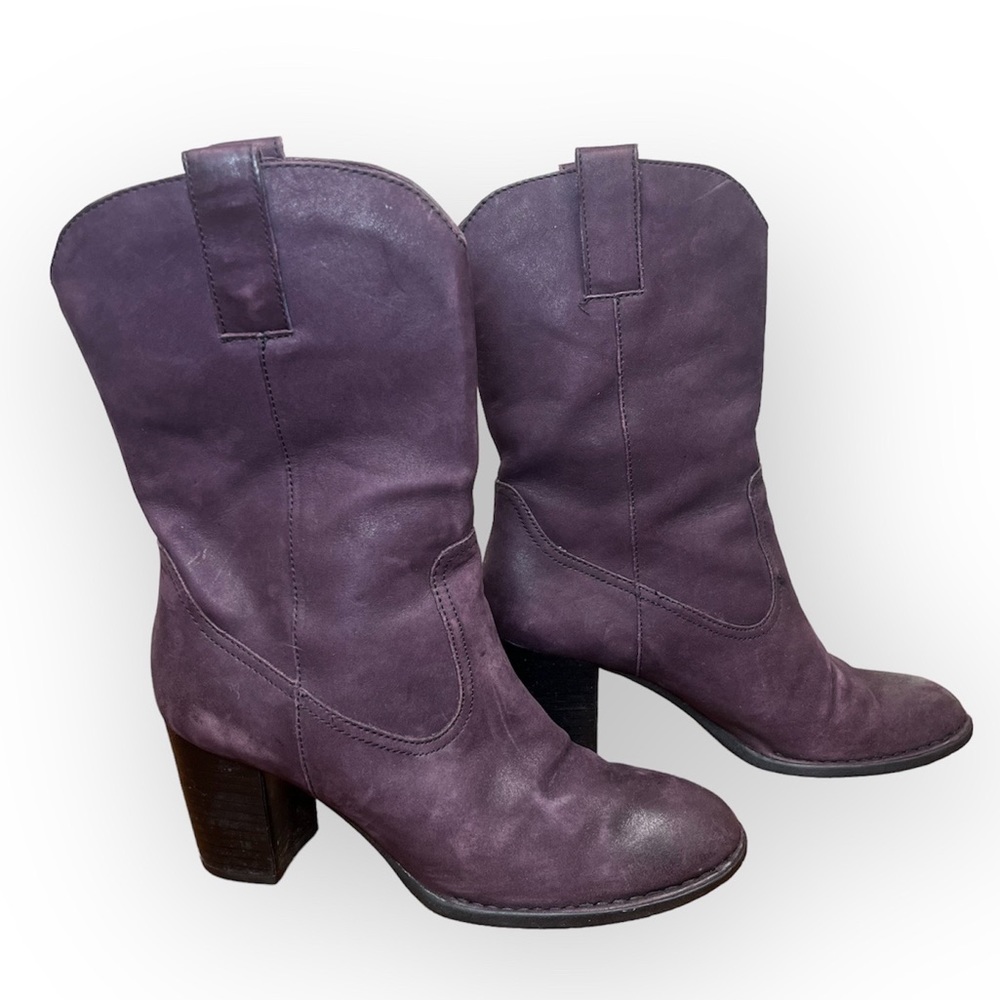 Born Crown Purple Soft Leather Man Made Insulated  Boots 3” Heels Size 8.5